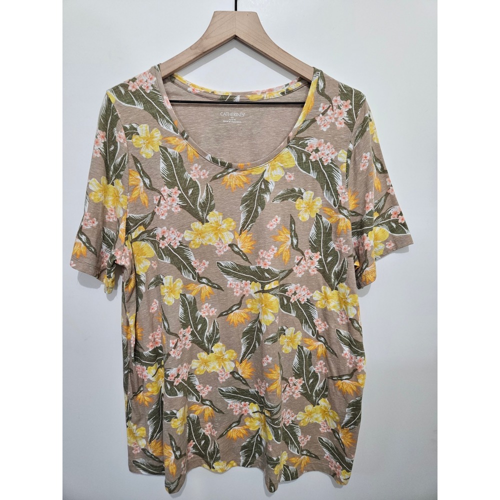 Catherines Tropical Floral T-Shirt Womens 0X 14/16W Tan Yellow Hibiscus Palm Tee